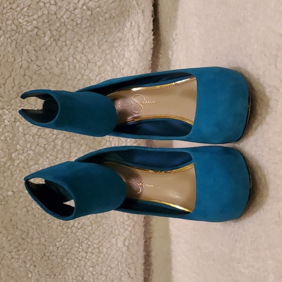 Jessica Simpson Ankle Cuff Suede Stiletto Heels ~ Peacock Blue - Picture 4 of 8